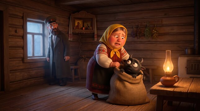 A frightened elderly woman hiding a small black horned creature in a burlap sack inside a rustic wooden cabin