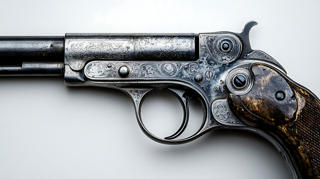 Close-up of the hammer and trigger mechanism of an antique firearm against a stark white backdrop, illuminated by focused professional studio lighting, highlighting the mechanical interaction 