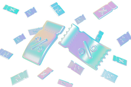 Promotion tags price coupon percentage floating isolated on transparent png background. gradient hologram y2k style vouchers product online shop concept special design. 3d render.