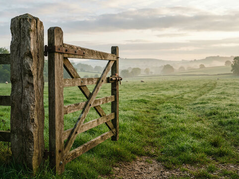 Weathered wooden five bar gate opening onto misty sheep pasture at dawn