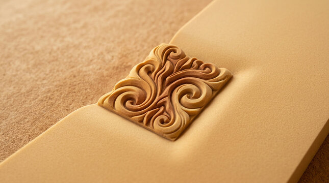 Carved swirl pattern embedded in smooth sand texture close-up
