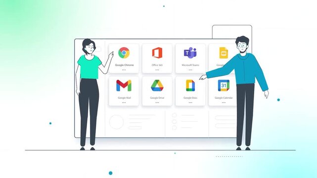Animated business users accessing cloud productivity applications on a unified digital workspace