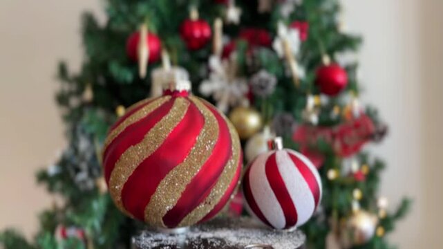 Dos bolas rojas girando con &aacute;rbol desenfocado
