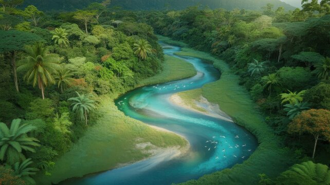 Aerial View of Turquoise River Winding Through Tropical Jungle with Palms and Sandy Banks - Paradise Rainforest Nature Landscape
