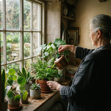 Woman watering a fern on a rustic windowsill full of potted plants
