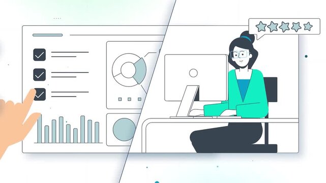 Animated customer experience dashboard with performance analytics and client satisfaction feedback