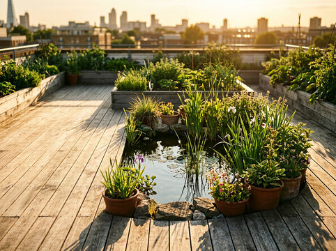 Rooftop garden pond with potted plants overlooking city skyline at sunset
