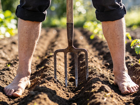 Gardener's feet standing in fresh tilled garden soil ready for planting season