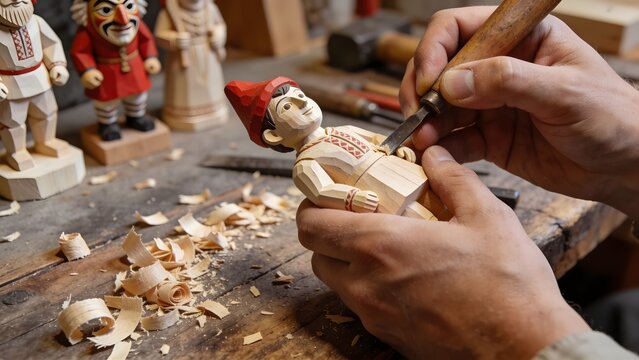 Artisan hands carving traditional Krouna wooden figurines, Czech puppetry heritage, UNESCO intangible cultural heritage