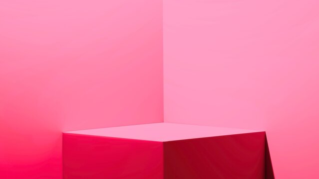 Pink cubic corner product display podium against a vibrant wall