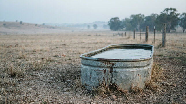 Weathered metal livestock trough part filled with water in a dry field
