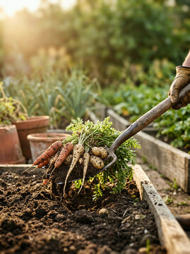 Close-up garden fork lifting carrots and potatoes from soil at golden hour