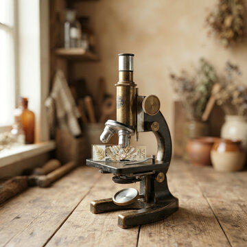 Vintage brass microscope among antique jars and dried plants in a rustic room
