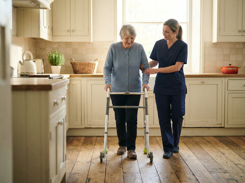 Community nurse guiding an elderly woman with a walking frame across a kitchen