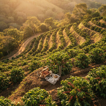 Aerial view of terraced coffee rows with a harvest crate and brewing set