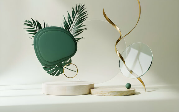 Minimalist product display podium with tropical leaves, gold accents, and glass elements on a neutral background