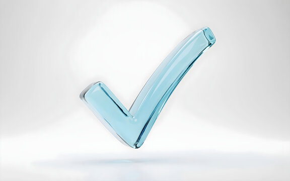 3d render of a glossy blue glass check mark symbol isolated on white background