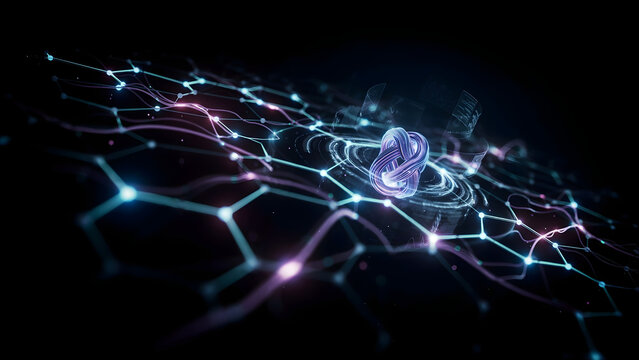 Abstract digital network connection with a glowing knot in the center, representing data flow, artificial intelligence, and quantum computing