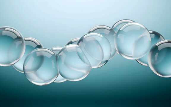 Abstract background with transparent blue bubbles or spheres floating in the air 3d render of glossy liquid balls on a gradient surface