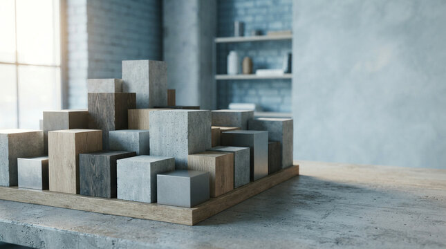 Abstract wood concrete and metal block sculpture on a table indoors