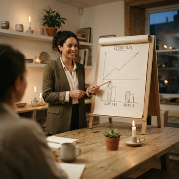Woman presenting reduction scope diagram on whiteboard