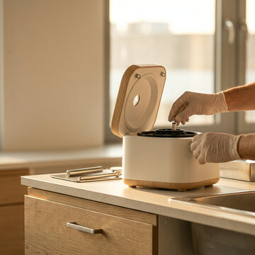 Scientist placing sample vial into modern wooden centrifuge on counter