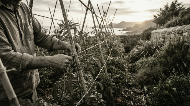 Person in a plaid shirt tying up tomato plants in a garden by the coast