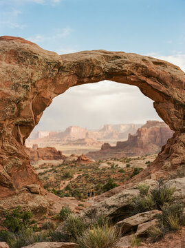 Large sandstone archway framing a distant desert with two people at its base