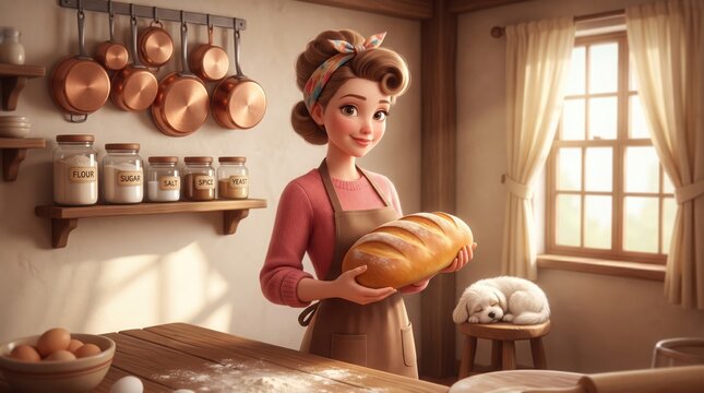 A charming 3dstyle illustration of a young woman in a cozy kitchen holding a freshly baked loaf of bread with a sleeping puppy nearby