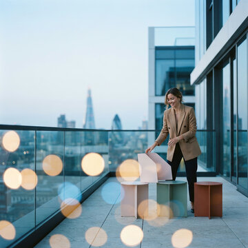 Woman in a blazer with three geometric coloured stools on a city rooftop