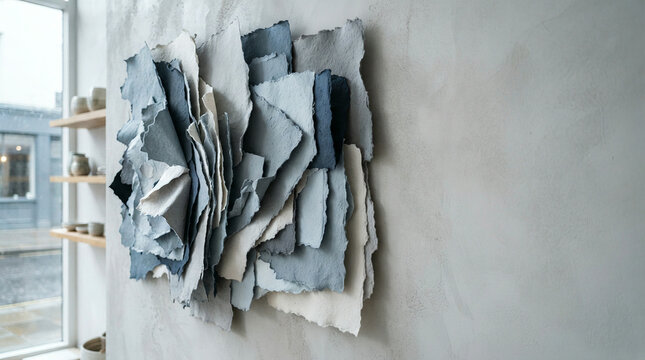 Layered paper wall sculpture on a concrete wall beside shelves of pottery