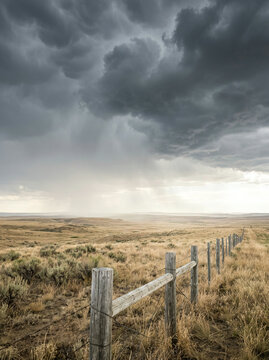 Weathered wooden fence along a dry prairie under dark storm clouds and rain
