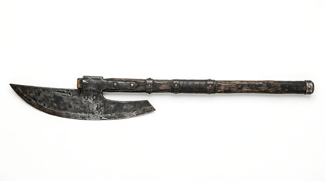 Ancient Medieval Battle Axe With Wooden Handle Isolated On White Background