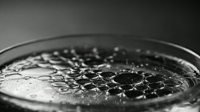 Oil bubbles in a glass dish in dramatic monochrome light