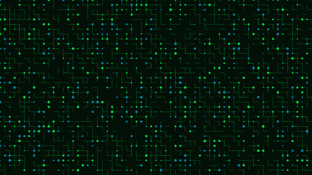 Green digital circuit pattern with dots and connecting lines for technology and data concepts.