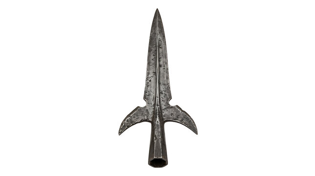 Ancient Hand Forged Metal Spearhead Weapon Isolated Against White Background
