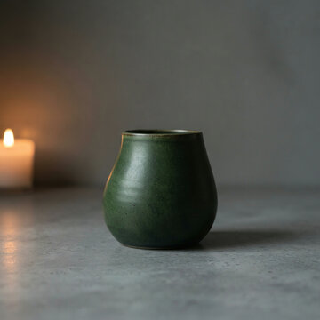 Single green ceramic vessel beside a candle on concrete