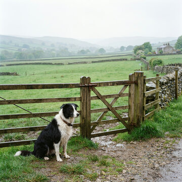 Border collie sitting by a farm gate in the rain in a green valley