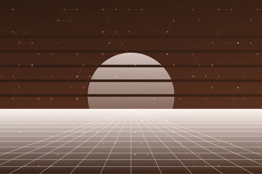 Retro synthwave sun grid landscape sepia brown neon aesthetic background for digital art design.