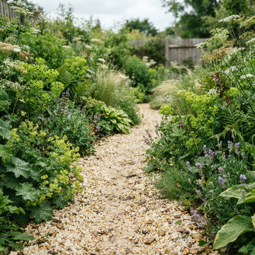 Gravel path winding through an overgrown garden of ferns and flowering shrubs