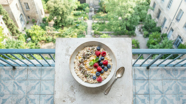 Overhead breakfast bowl with berries and mint on tiled balcony overlooking courtyard