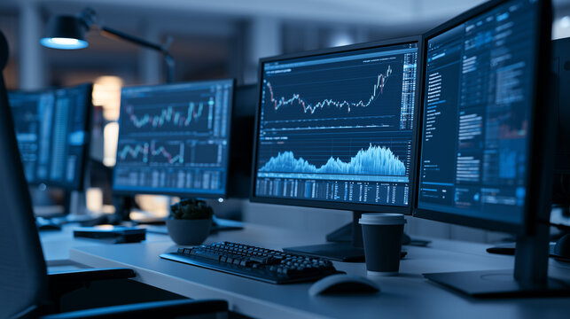 Financial trading workstation with multiple monitors displaying stock market charts and investment data