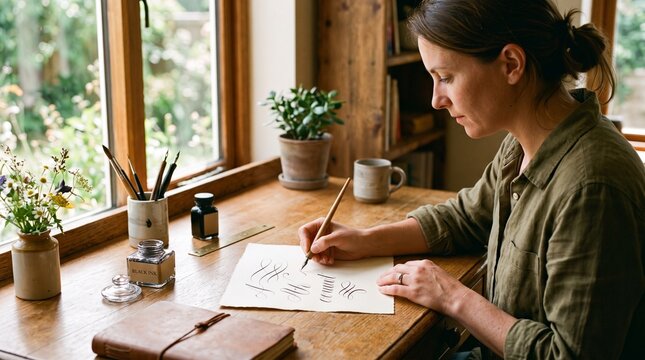 Woman practicing calligraphy at a wooden desk by the window