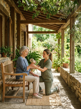 Physical therapist guiding senior woman through weighted exercise on porch