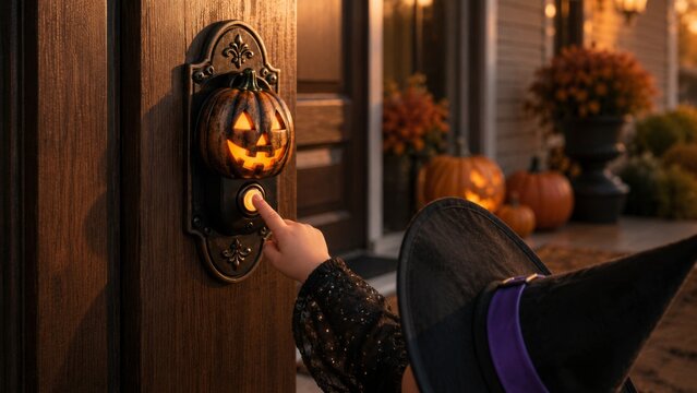 Child in a witch hat pressing a decorative bronze jack-o'-lantern doorbell on a wooden front door. Festive autumn porch decorated with pumpkins and chrysanthemums for trick-or-treating.