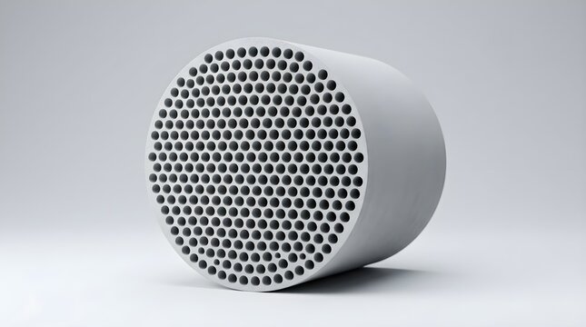 Product-style render of a ceramic honeycomb filter cylinder with many small channels. Filtration media concept for exhaust treatment, catalytic converters, water purification, or lab systems.


