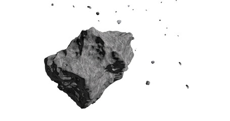 Grey asteroid rock flying with small floating debris isolated on black © Raihan