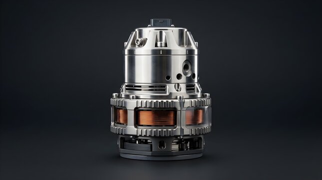Close-up of an industrial electric motor or generator stator assembly with copper coils and machined metal housing. Power engineering, manufacturing, and electromechanical technology concept.

