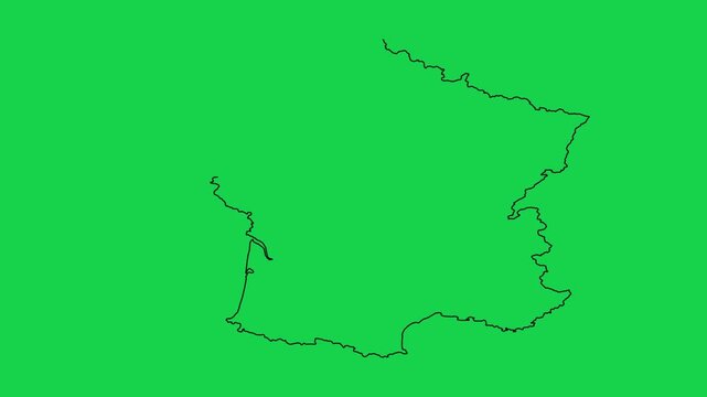 Outline drawing of France country map isolated on green screen for easy chroma key editing.