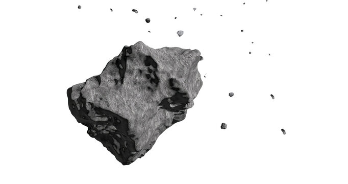 Grey asteroid rock flying with small floating debris isolated on black